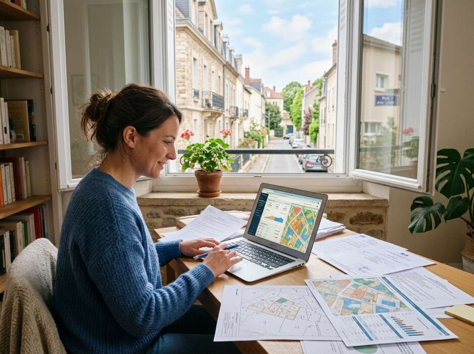 Une personne consultant des données immobilières et des cartes cadastrales sur un ordinateur portable devant une fenêtre.