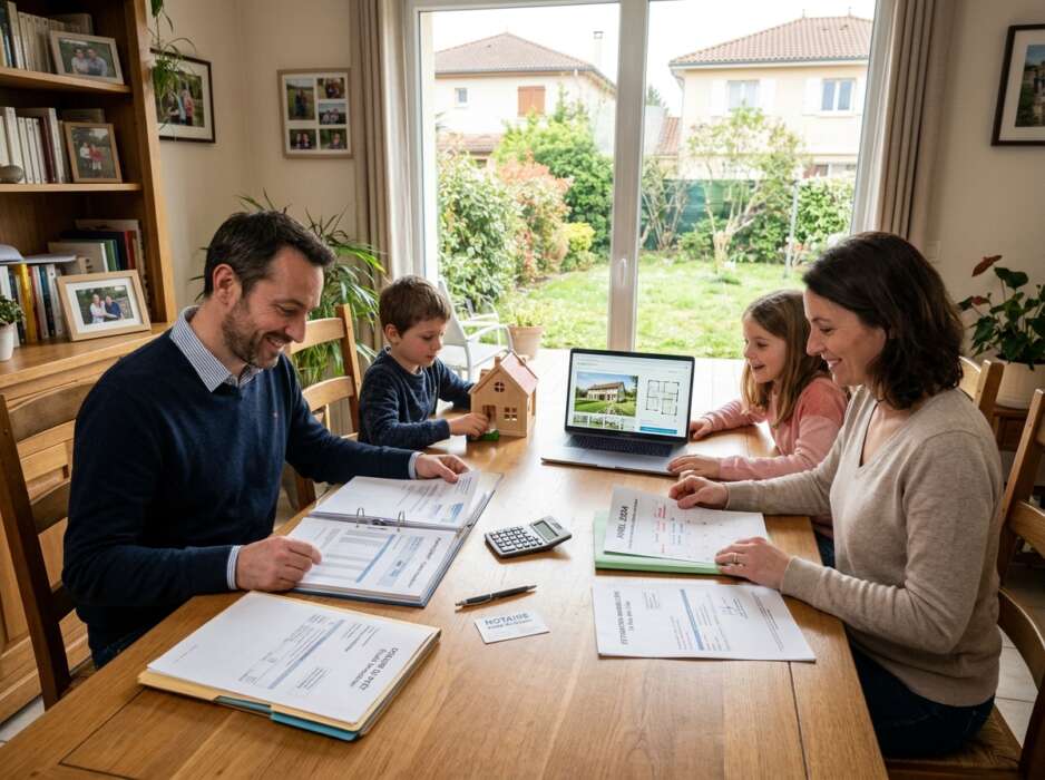 Une famille assise autour d'une table avec des documents financiers et un ordinateur portable pour préparer un projet immobilier.