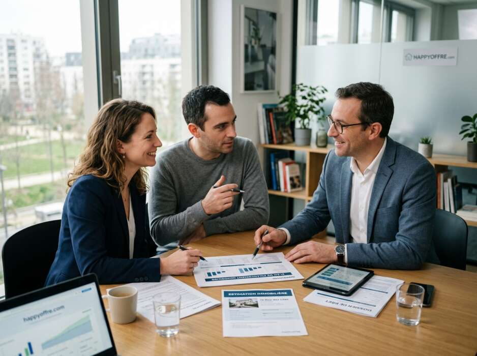Conseillers bancaires et clients discutant d'un projet de prêt relais immobilier autour de documents financiers.