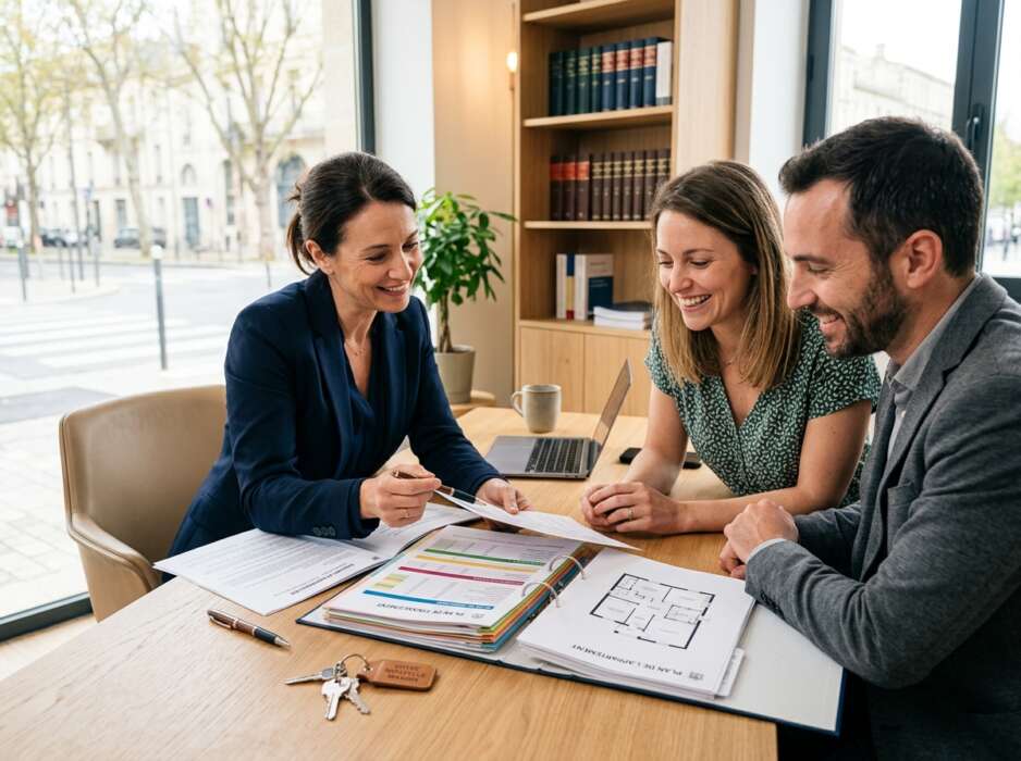 Couple consultant des documents immobiliers avec leur notaire lors de la signature d'un compromis de vente au bureau.