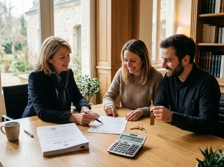 Notaire expliquant les frais d'acquisition immobilière à un couple de jeunes acheteurs avec une calculatrice et les clés de leur future maison.