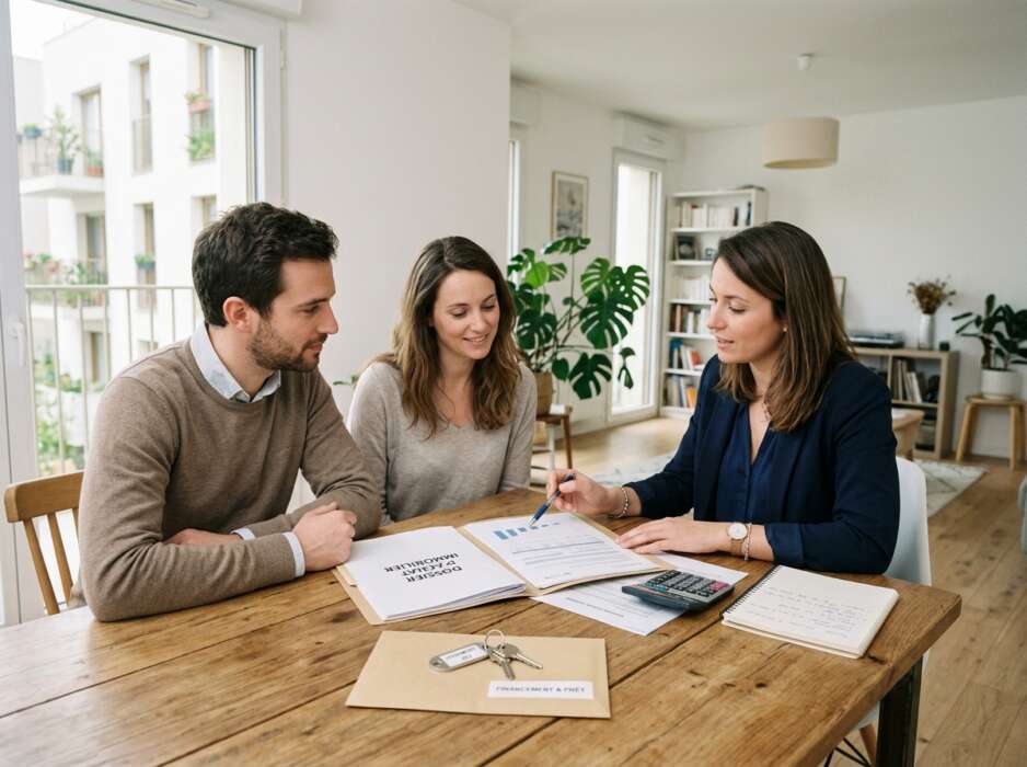 Un couple en entretien avec une conseillère pour l'achat d'un logement social, examinant un dossier financier sur une table.