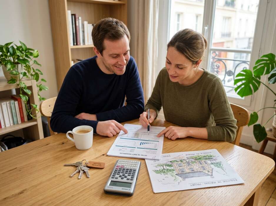 Un couple souriant analyse des documents financiers et un plan de maison sur une table en bois avec un trousseau de clés.