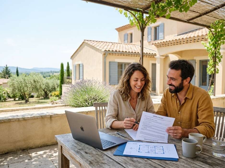 Couple souriant révisant un plan de maison et une offre d’achat immobilier sur une terrasse ensoleillée en Provence.