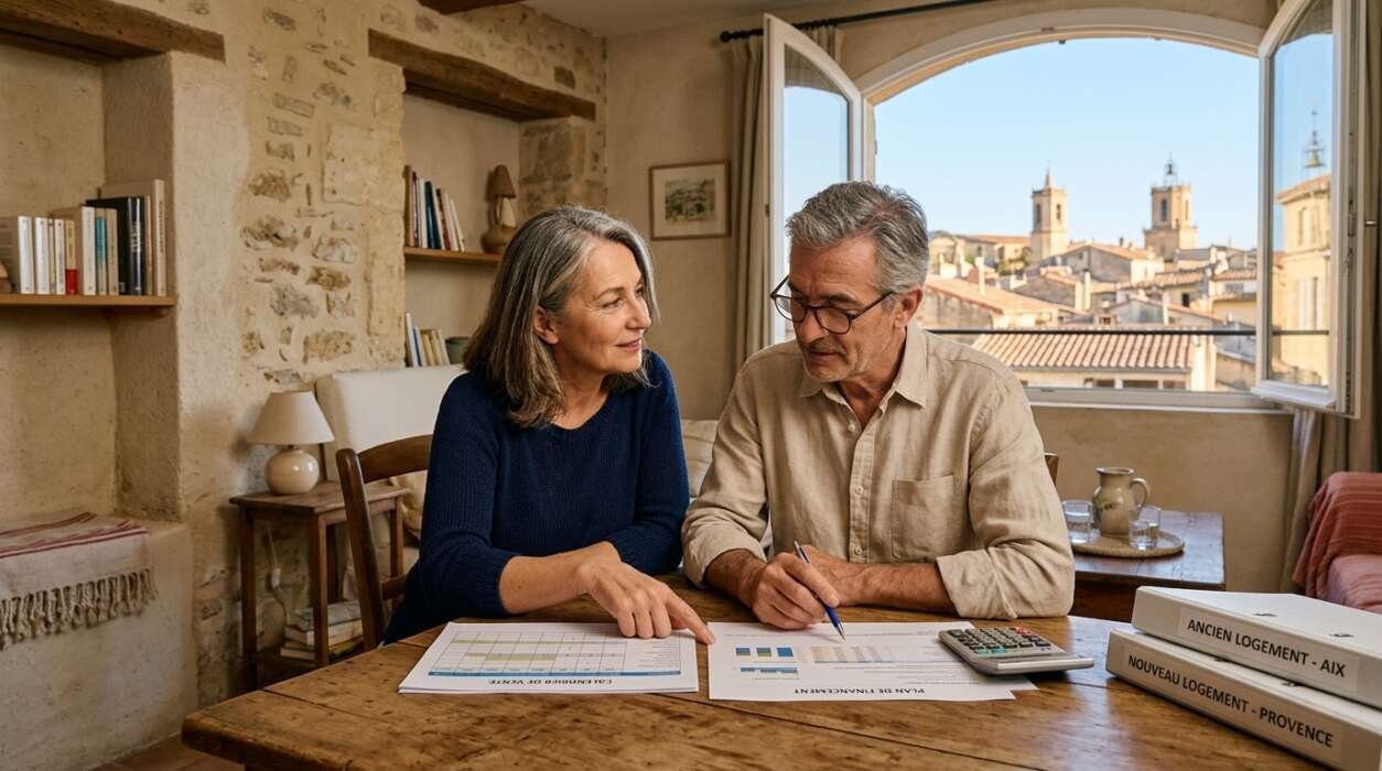Couple examinant un plan de financement et un calendrier de vente dans une maison lumineuse avec vue sur Aix-en-Provence.