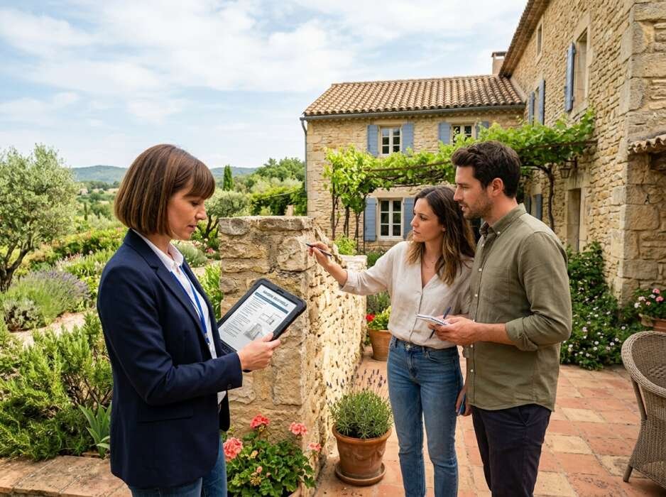 Une experte immobilière et un couple inspectent une maison en pierre, utilisant une tablette pour vérifier le bâti.