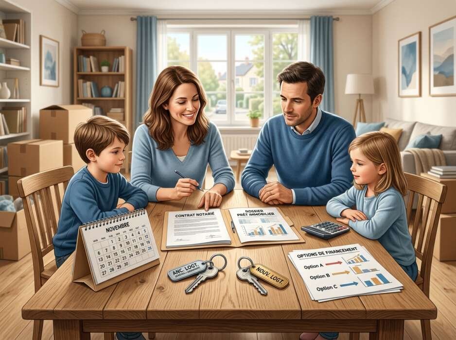 Famille autour d'une table examinant un contrat notarié et un dossier de prêt immobilier avec un calendrier et des clés.