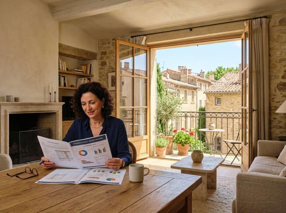 Femme consultant des dossiers d'analyse immobilière sur une table en bois, dans un appartement lumineux avec vue sur Aix.