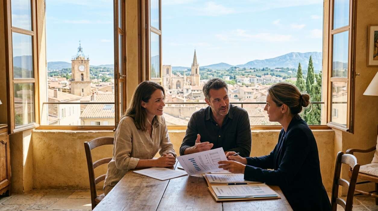 Couple en entretien avec une conseillère bancaire dans un bureau avec vue panoramique sur une ville historique française.